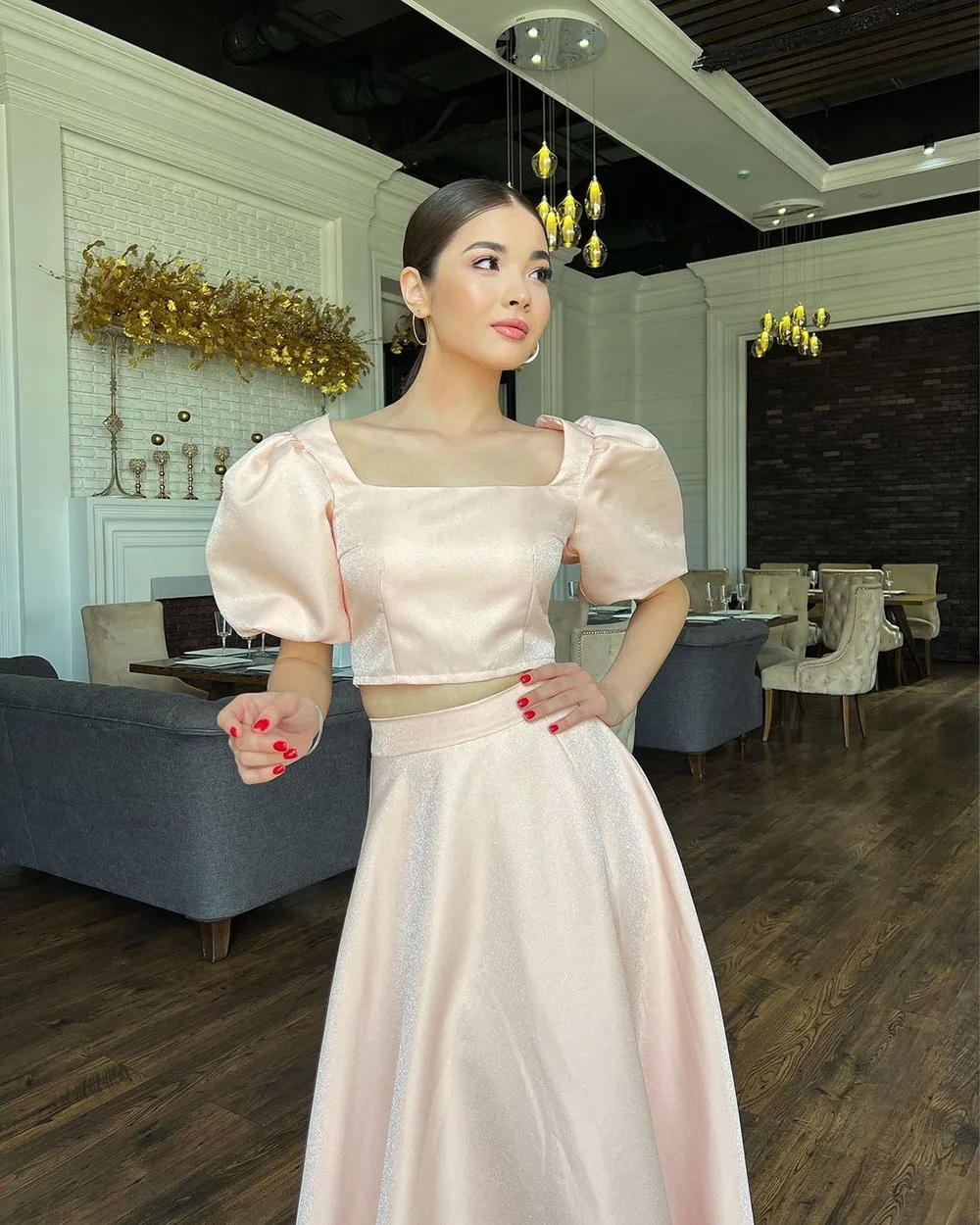 Pink Satin Evening Dresses Short Sleeves Two Pieces Prom Dresses Square Collar Prom Gowns Slit