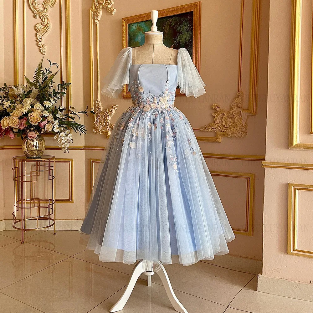 Sky Blue A-line Formal Occasion Dresses Applique Elegant Party Dress Tea-Length Lace Up Evening Gowns