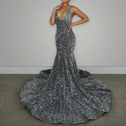 Glitter Prom Dresses Velvet Sequins Mermaid Girl Formal Graduation Evening Party Gowns Halter Neck Backless Birthday