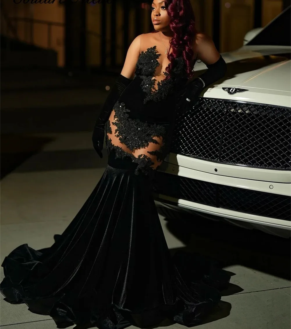 Sexy Black Prom Dresses Lace Appliques Velvet With Gloves Mermaid Party Evening Gowns Met Gala