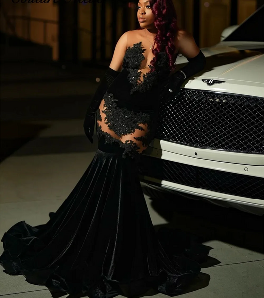 Sexy Black Prom Dresses Lace Appliques Velvet With Gloves Mermaid Party Evening Gowns Met Gala