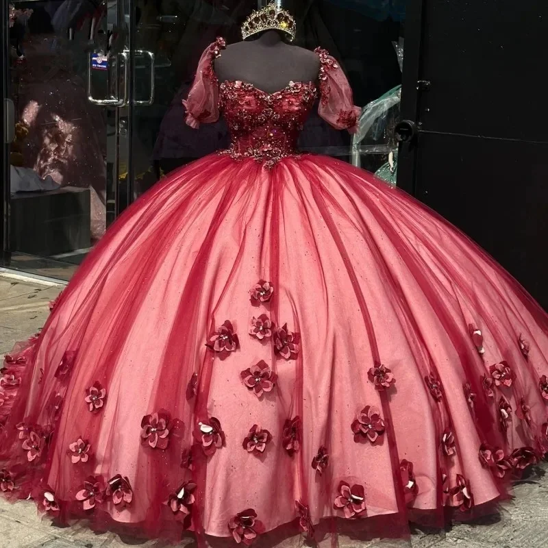 Red Quincenara Dresses With 3D Floral Applique Sweetheart Quinceanera Shinny Pageant Dress