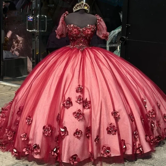 Red Quincenara Dresses With 3D Floral Applique Sweetheart Quinceanera Shinny Pageant Dress