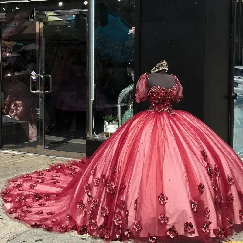 Red Quincenara Dresses With 3D Floral Applique Sweetheart Quinceanera Shinny Pageant Dress