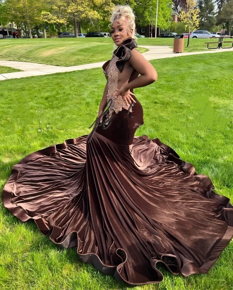 Sexy Chocolate Velvet Mermaid Prom Dresses For African Women Beaded Plus Size Birthday Mesh Birthday Gown