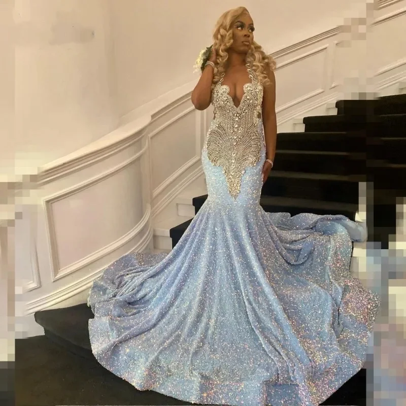 Sexy Diamond Prom Dresses For Black Girls Sheer Neck Sequin Mermaid Party Gowns
