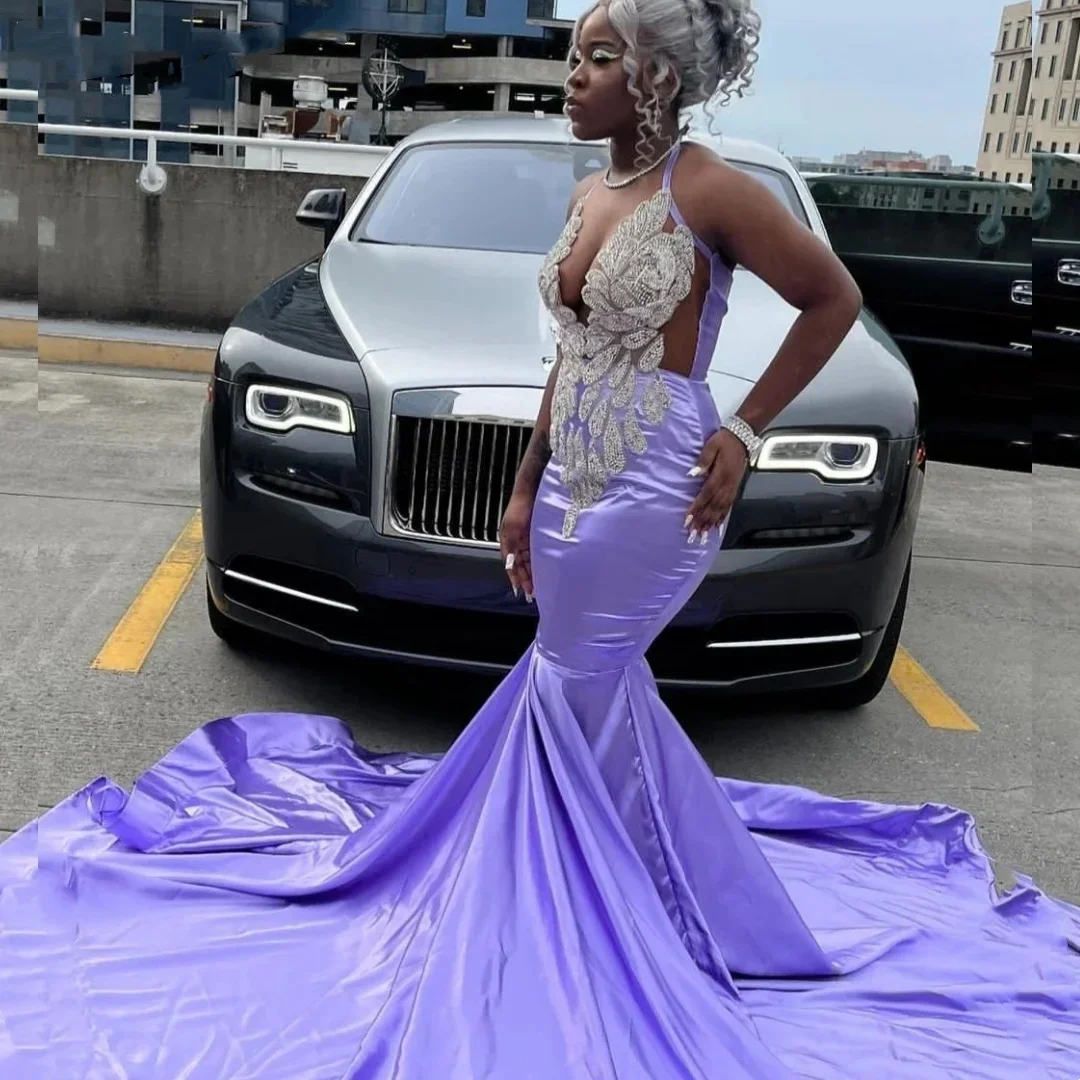 Sexy Lavender Mermaid Prom Dress for Black Girls Silver Beaded Rhinestones Party Gala Gown