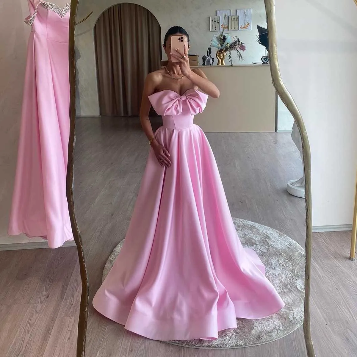 Lovely Pink Bow Long Prom Dresses Sweetheart A Line Women Birthday Dress Lace-up Simple Formal Party Gowns Custom