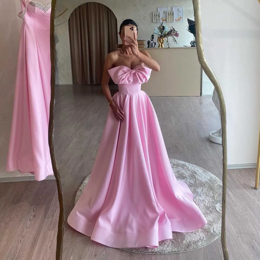 Lovely Pink Bow Long Prom Dresses Sweetheart A Line Women Birthday Dress Lace-up Simple Formal Party Gowns Custom