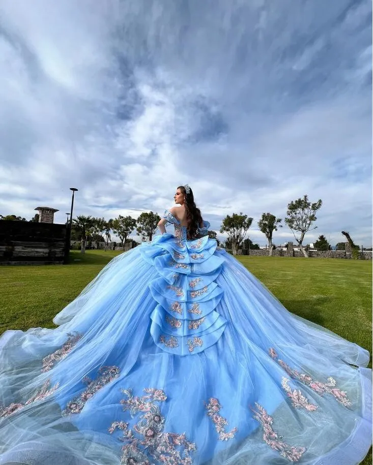 Sky Blue Princess Quinceanera Dresses Ruffles Peplum Off Shoulder Floral Applique Corset