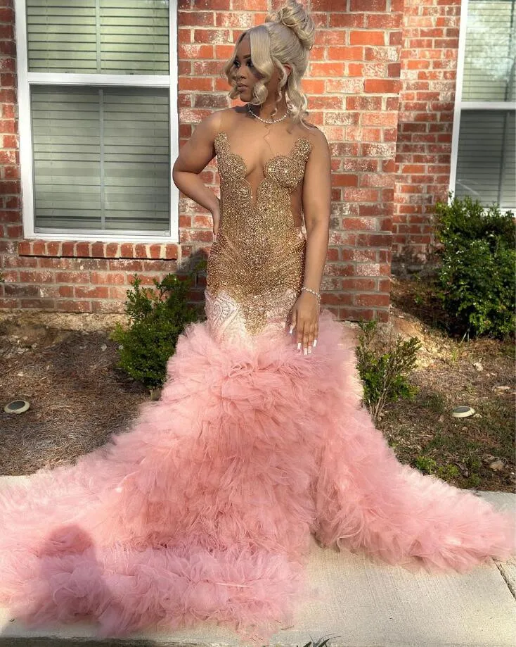 Rose Pink Ruffles Mermaid Prom Birthday Gala Dresses for Black Girl Sparkly Diamond Luxury Evening Party Gown