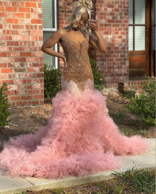 Rose Pink Ruffles Mermaid Prom Birthday Gala Dresses for Black Girl Sparkly Diamond Luxury Evening Party Gown