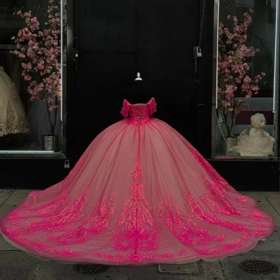 Fuchsia Pink Sparkly Princess Quinceanera Dresses Off Shoulder Gillter Applique Floral Corset