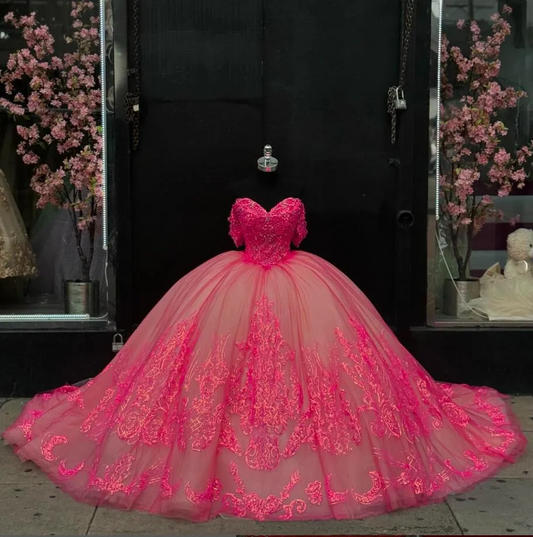 Fuchsia Pink Sparkly Princess Quinceanera Dresses Off Shoulder Gillter Applique Floral Corset