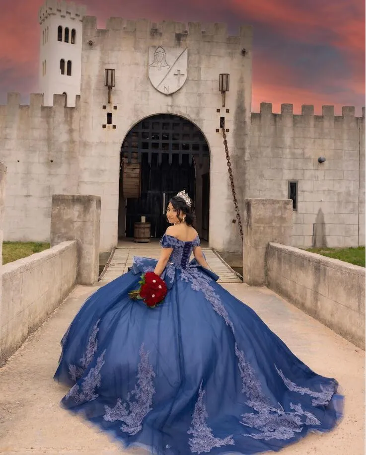 Royal Blue Princess Quinceanera Dresses Off Shoulder Gillter Applique Puffy Skirt Corset