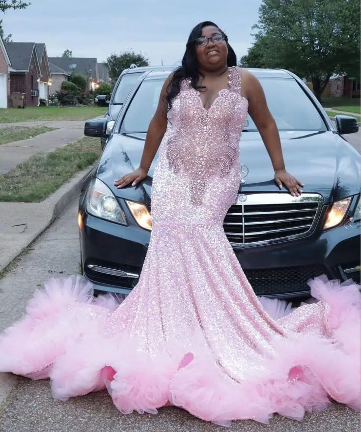 Sparkly Pink Mermaid Long Evening Birthday Gala Dresses for Black Girl Plus Size Gillter Diamond Velvet Prom Gown