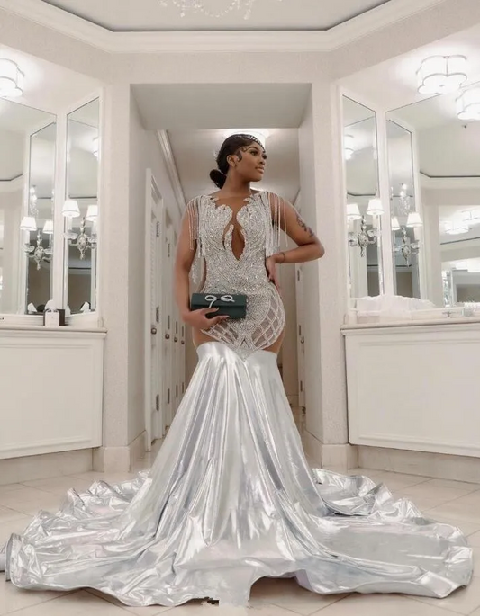 Silver Diamond Sparkly Evening Ceremony Party Dresses for Black Girl Luxury Crystal Sheer Prom Birthday Gala Dress