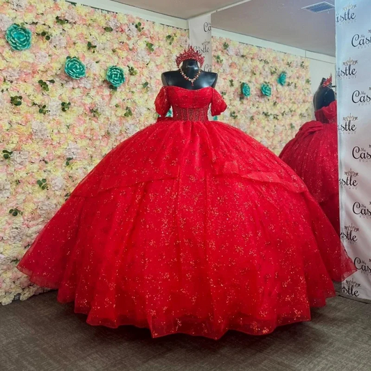 Big Bow Sweet 16 Quinceanera Dresses Red Shiny Off The Shoulder Appliques Lace Beads Tulle