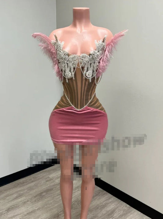 Luxury Peach Pink Short Cocktail Party Dress Sexy Beaded Feather Mini Dress