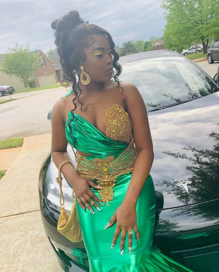 Emerald Green Sparkly Trumpet Evening Formal Dresses for Black Girl Luxury Diamond Crystal Afrian Prom Birthday Gown