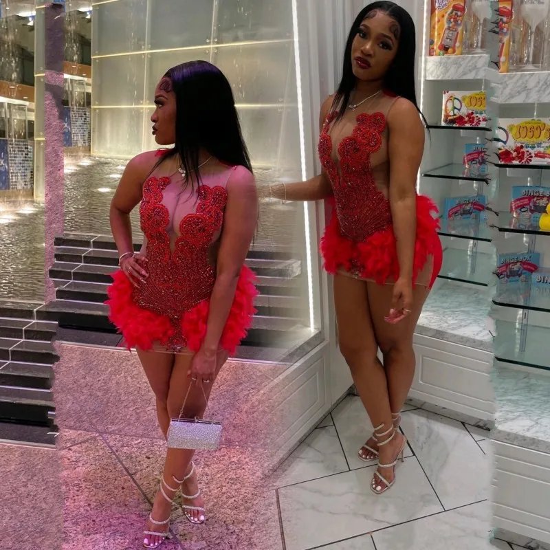 Red Rhinestone Prom Dresses Sheer Neck Feathers Cocktail Party Gowns African Women Birthday Outfit