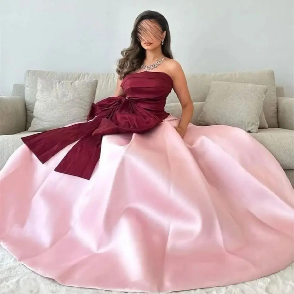 Satin A-line Strapless Ruffle Arab Prom Gown Bow Floor Length Saudi Evening Formal Elegant Party Dress for Women