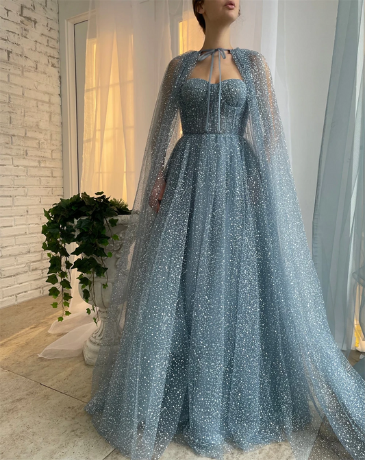 Women’s Sparkle Starry Tulle Strapless Prom Dresses Floor-Length A-Line Sleeveless Formal Evening Party Gowns Bring Shawl