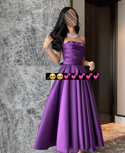 Elegant Off the Shoulder Evening Dress A-Line Tea Length Satin Prom Dress High Quality
