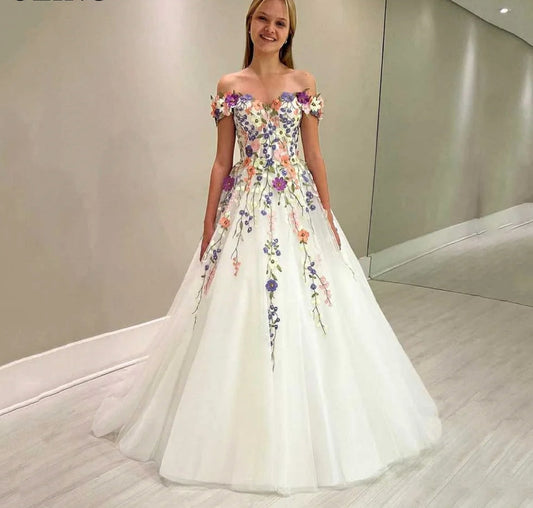 Off The Shoulder Wedding Dress Vestido De Novia Flower Lace Evening Dress White Corset Back Prom Dress With Appliques
