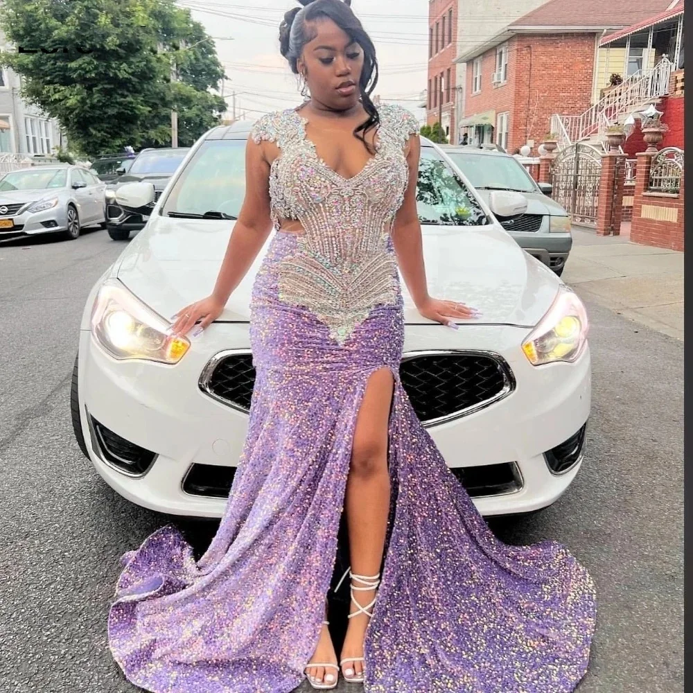 Glitter Purple Sequins Prom Dress For Black Girls High Slit Silver Crystal Beaded Party Gown