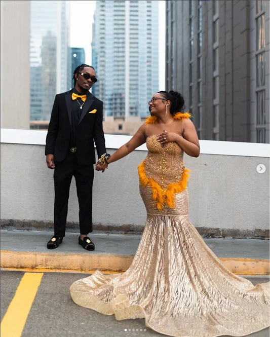 Sparkling Gold Prom Dresses O Neck Beaded Diamante Feather Party Dresses African Girls Sequin Formal Gowns