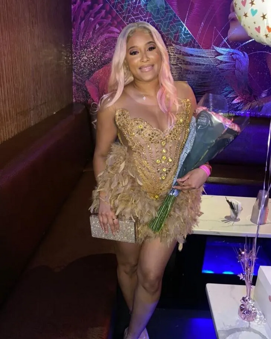 Gold Sparkly Short Prom Homecoming Dresses for Black Girl Luxury Crystal Beaded Feather Birthday Party Gown