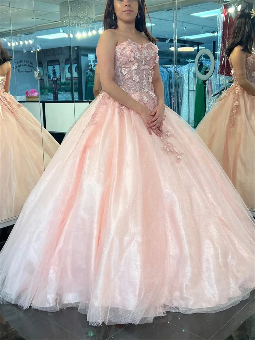 Pink 3D Floral Lace Strapless Ball Gown Strapless Appliqued Quinceanera Dress