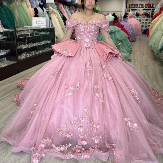 Pink Sparkly Princess Quinceanera Dresses Floral Applique Lace Beads Corset