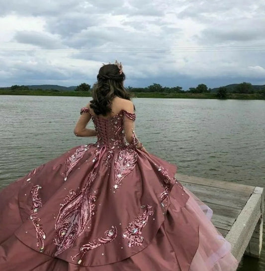 Luxury Pink Quinceañera Dress Princess Sequin Ball Gown Sweet 15 Birthday Dress Glitter Prom Gowns