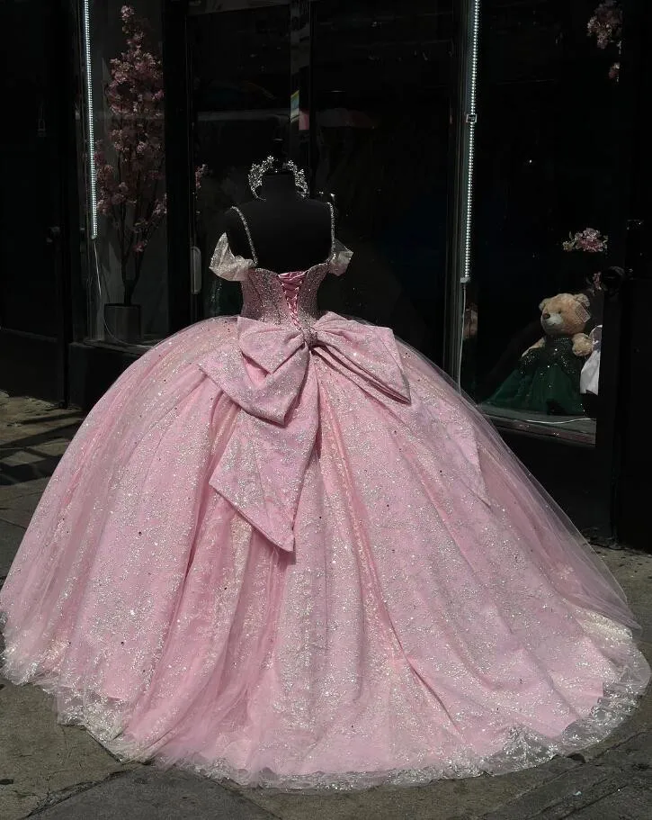 Pink Sparkly Princess Quinceanera Dresses with Bow Mexican Crystal Beaded Off Shoulder