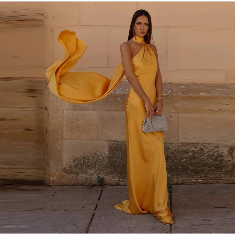 Women Sexy Backless Off Shoulder Bodycon Long Dress Elegant Yellow Satin Ribbon Sleeveless Robes New Summer Lady Party Gown