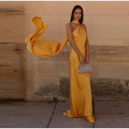 Women Sexy Backless Off Shoulder Bodycon Long Dress Elegant Yellow Satin Ribbon Sleeveless Robes New Summer Lady Party Gown