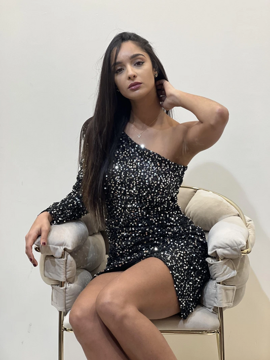 One Shoulder Mini Cocktail Dresses Sequins Long Sleeve Bodycon Evening Gowns Glitter Backless Club Wedding Party Dress