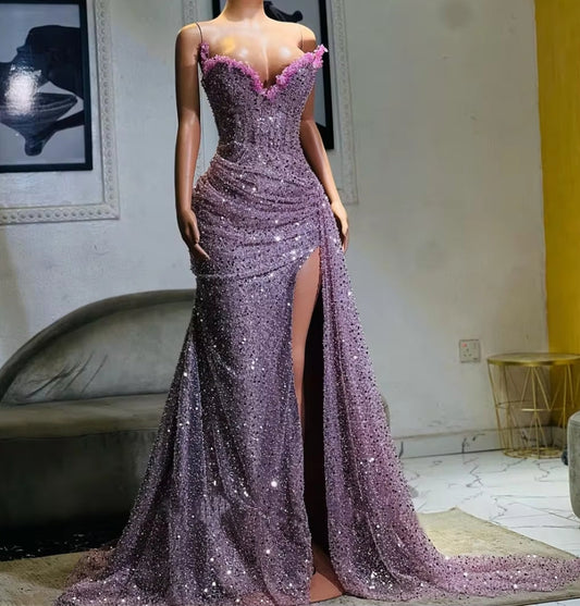 Light Purple Beaded Sweetheart High Split Luxury Evening Dresses For Wedding Mermaid Prom Dresses Elegant Gowns