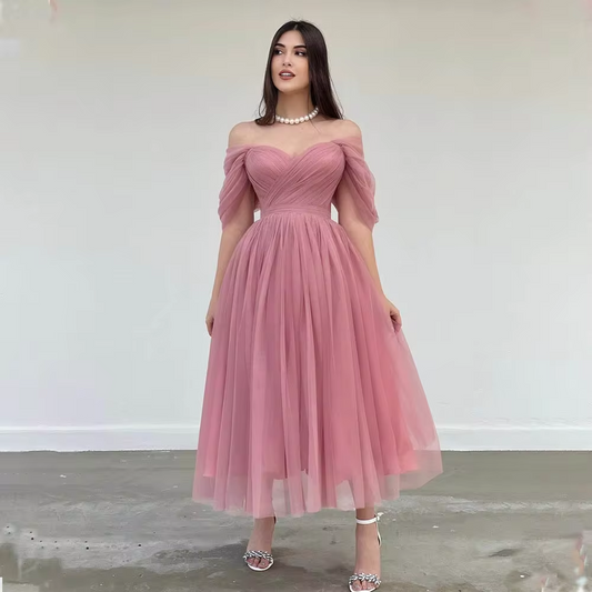 Dusty Pink Off The Shoulder Pleat Sweethart Tulle A Line Prom Dresses Custom Made Formal Bridal Grown Homecoming Wear