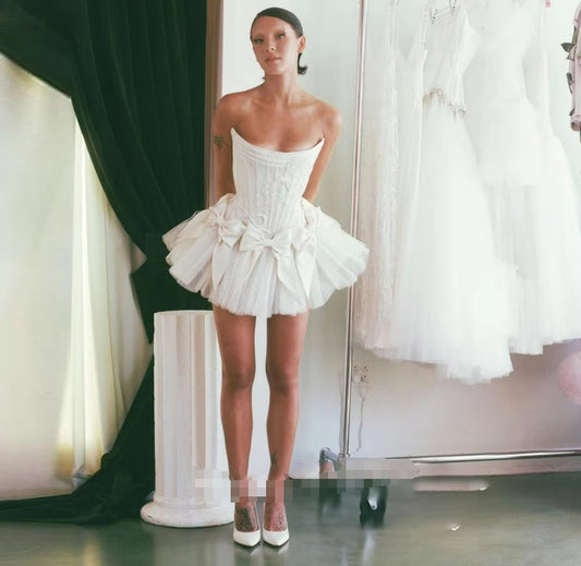 Princess Short Wedding Party Dresses Bow Front Corset Strapless Fitted Slim Tutu Ball Gown Bride Prom Gowns Dance Girls