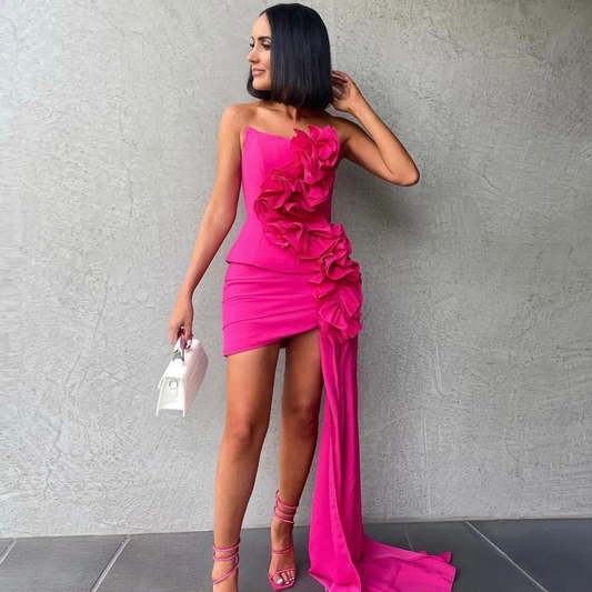 New Couture Fuchsia Stretchy Short Women Dresses With Ruffles Trimmed Details Pretty Strapless Mini Wedding Party Dress