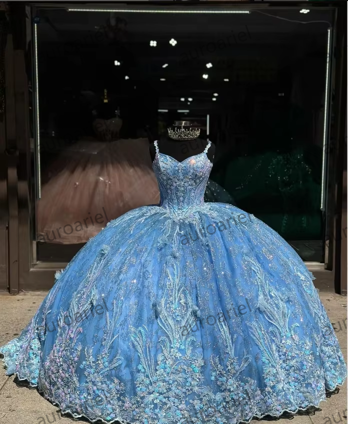 Sky Blue Princess 15 Quinceanera Dresses custom Luxury Spaghetti Strap