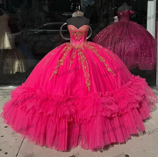 Dark Pink Gold Embroidery Quinceanera Dresses Sweetheart
