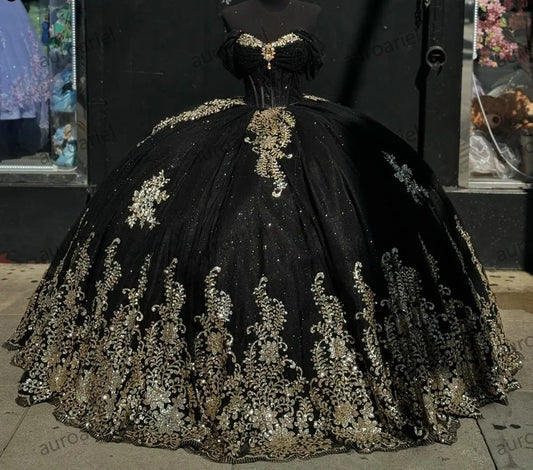 Black Off The Shoulder Bow Quinceanera Dresses Ball Gown Gold Sequined Appliques