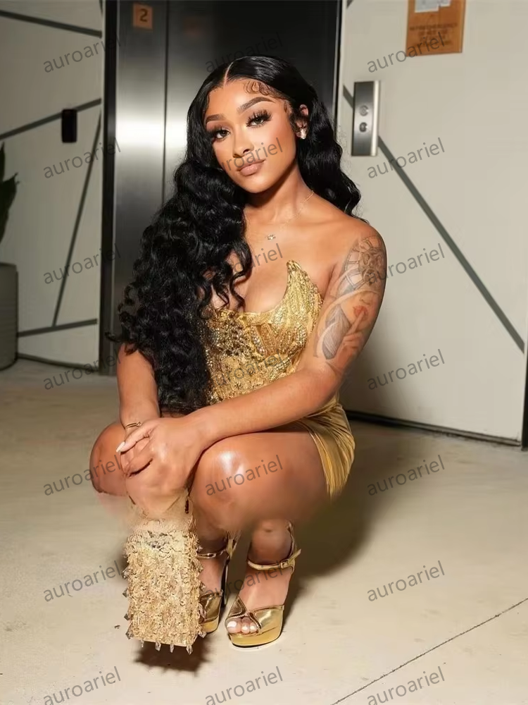 Gold Strapless Short Prom Dress For Black Girls Bead Crystal Rhinestone