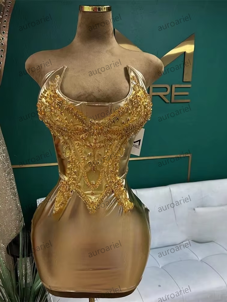 Gold Strapless Short Prom Dress For Black Girls Bead Crystal Rhinestone