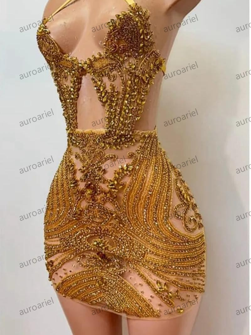 Gold Fitted Birthday Dresses Black Girls Halter Crystal See Through Short Prom Gowns