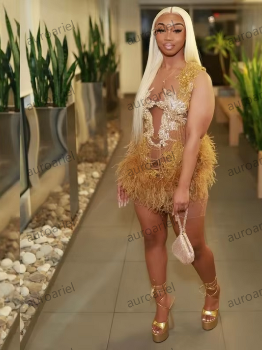 Sexy Birthday Outfit Luxury Rhinestone Short Party Dress Feathers Black Girls Mini Prom Gowns Customized